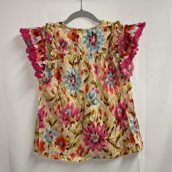 House of Harlow 1960 Flutter Sleeve Tie Neck Top Pink Multi Print Size Small - Picture 7 of 7
